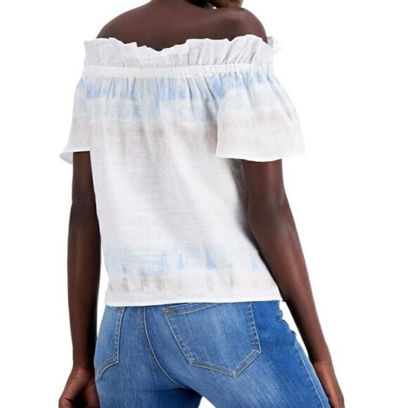 INC International Concepts Off The Shoulder Top 100% Linen Pink White Large - Picture 10 of 10